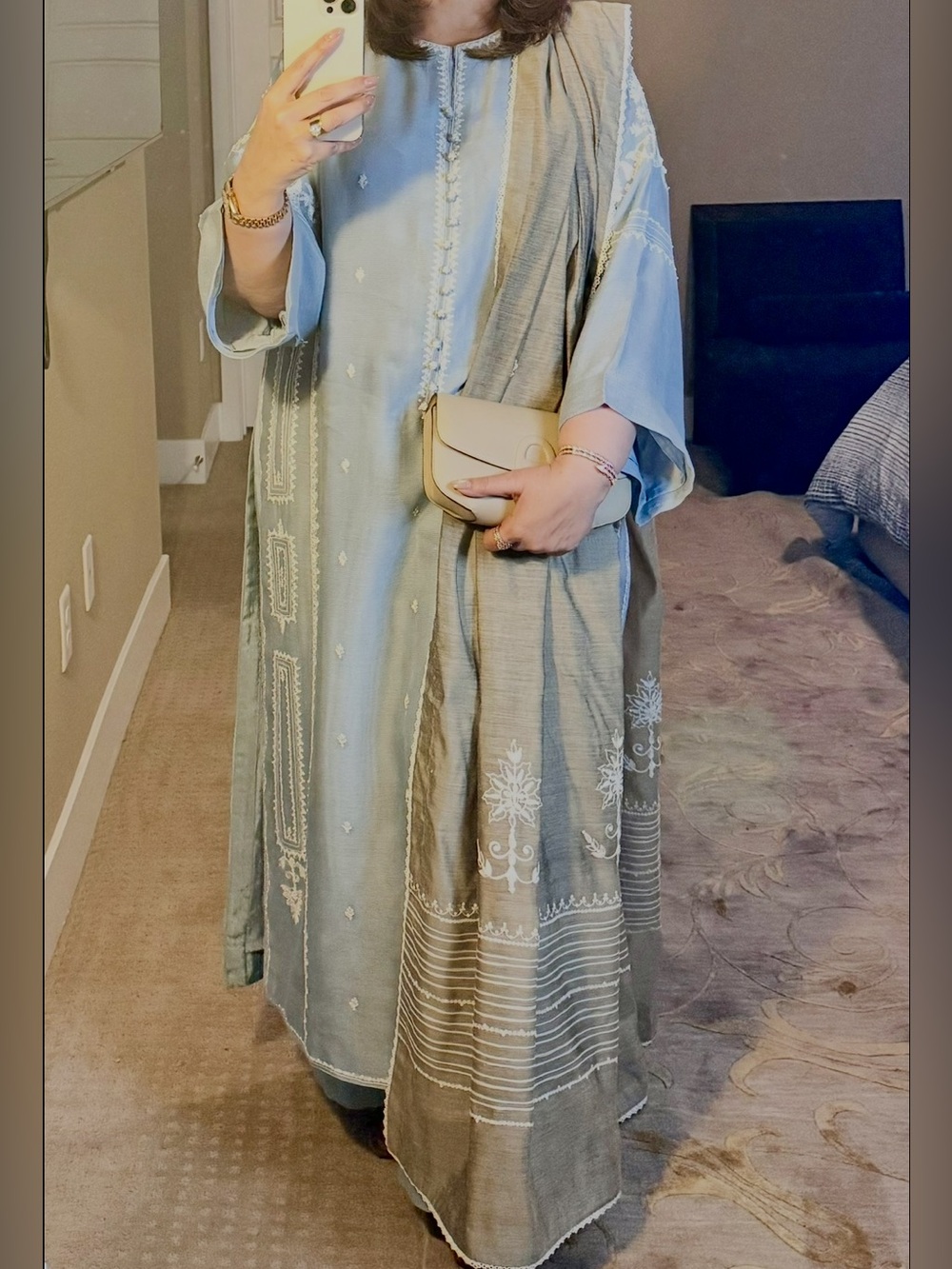 Light Blue Embroidered Long Sleeve Women's Dress with Coordinating Shawl